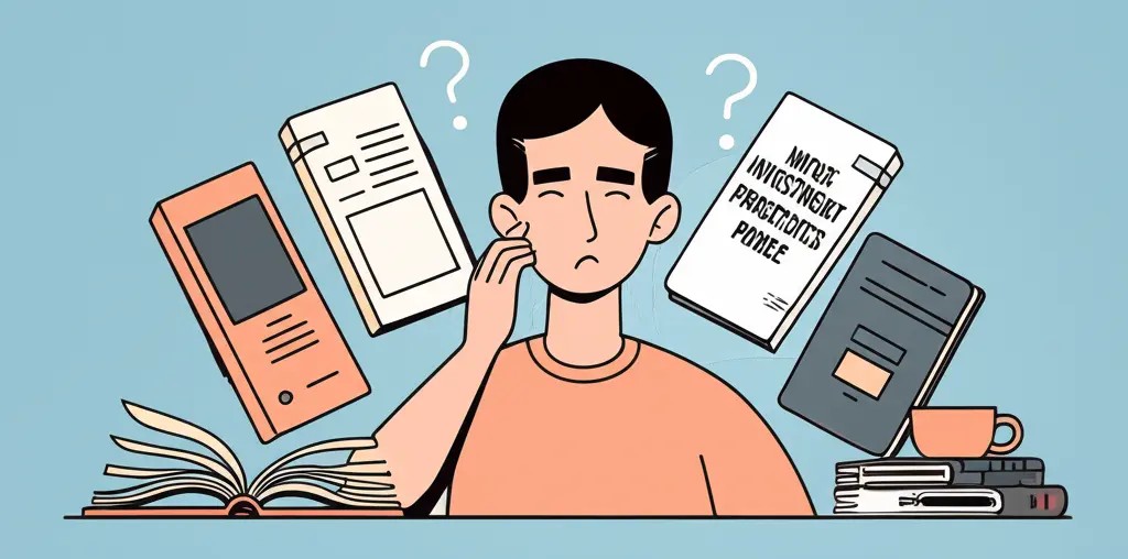Confused person surrounded by financial prospectuses and advice books
