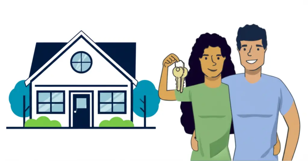 Happy couple in front of a new home without PMI