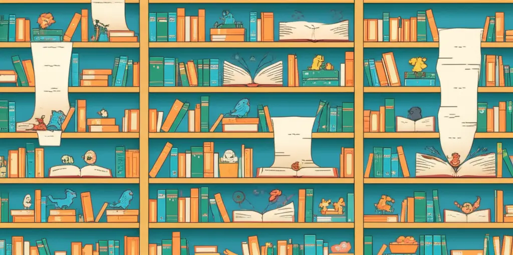 A cartoon-style illustration of a bookshelf with books morphing into imagined creatures.