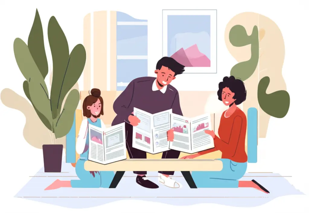 A family in their living room, discussing plans and looking at real estate brochures.