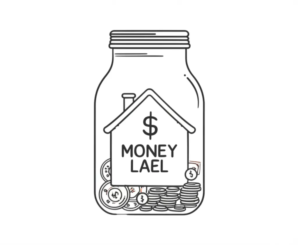 A minimalist money jar with a house label, represented in a hand-drawn style.