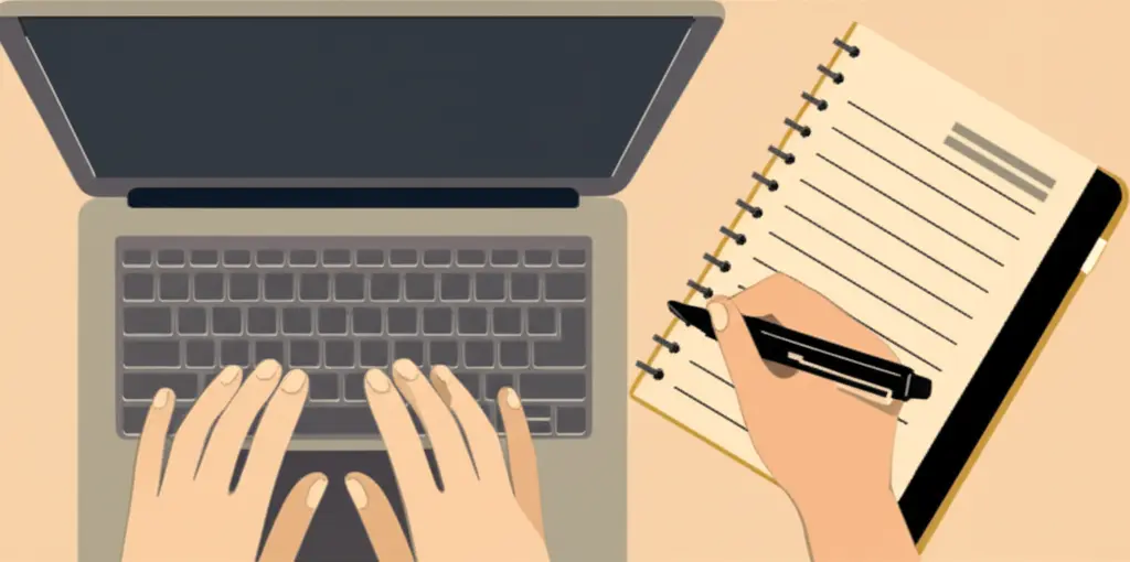 Person working at a desk with laptop and planner