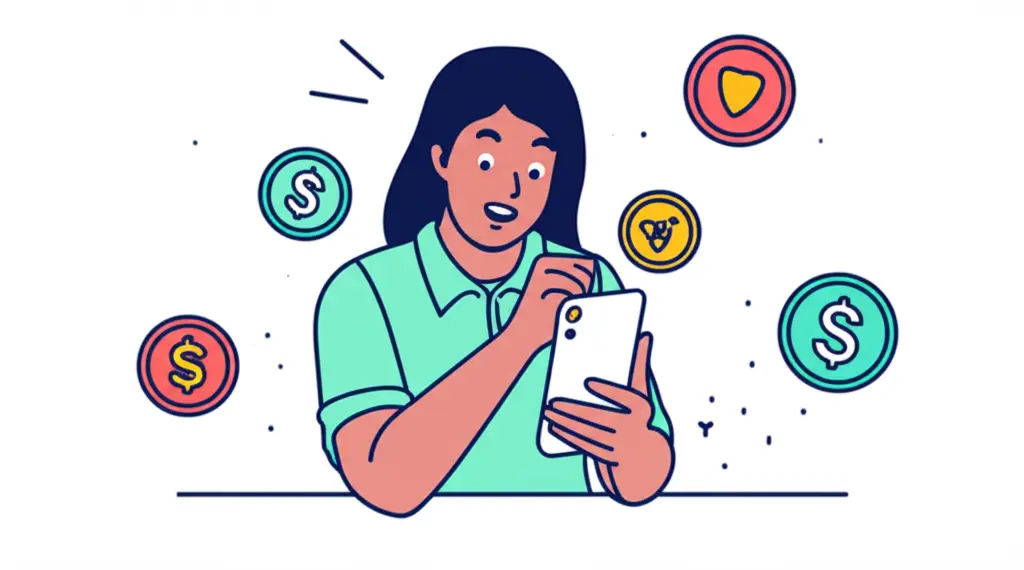 Person excitedly looking at smartphone with points floating around