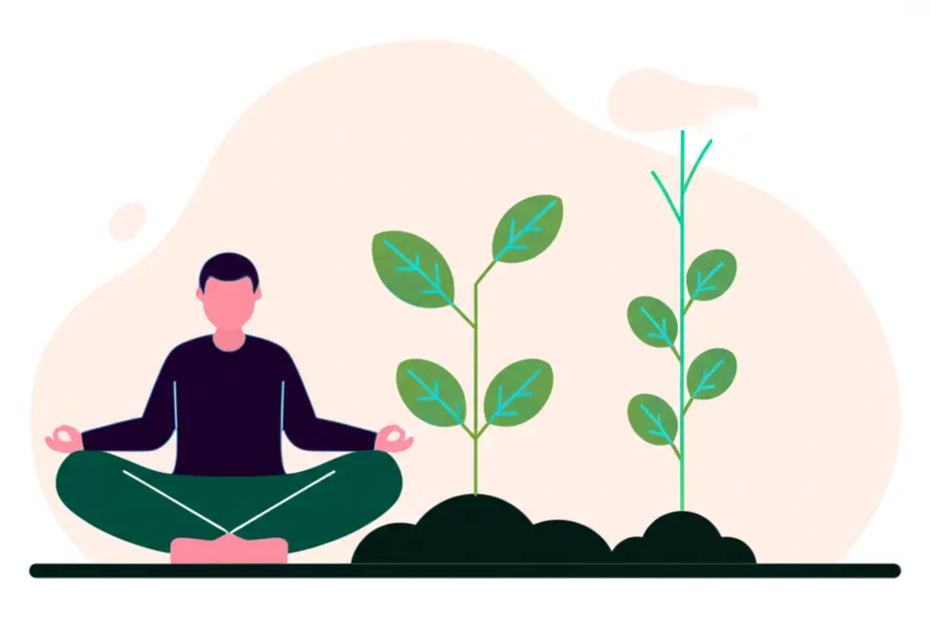 A person meditating next to a growing plant