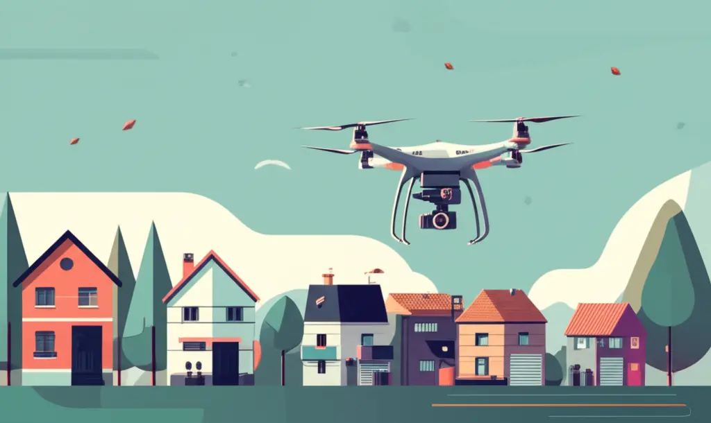 Illustration of a drone flying over a residential area, depicting specialized equipment in use.