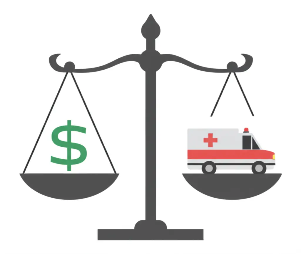 Balance scale with money and an ambulance