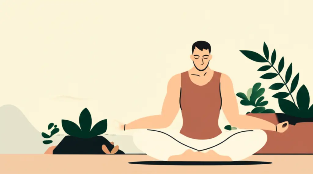 A cartoon person meditating outdoors, surrounded by calming nature elements.