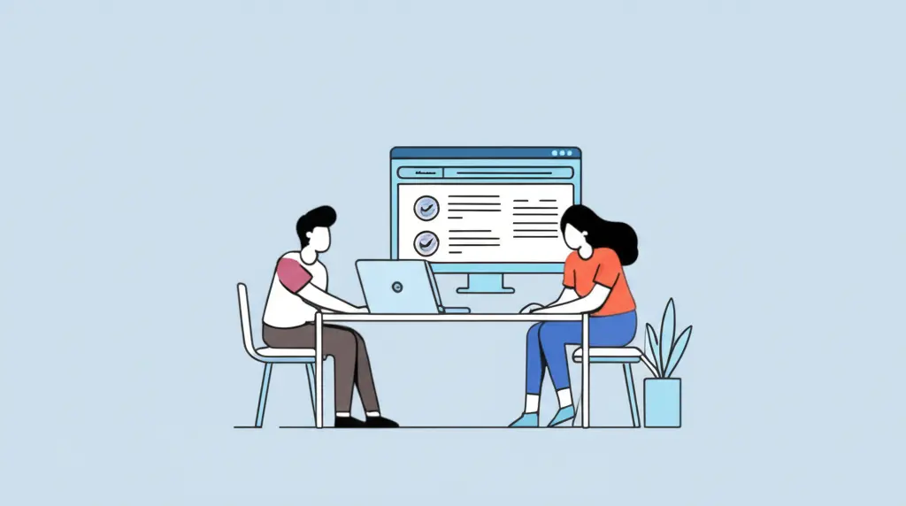 A minimalist illustration of a couple sitting at a table with a laptop, looking at policy options.