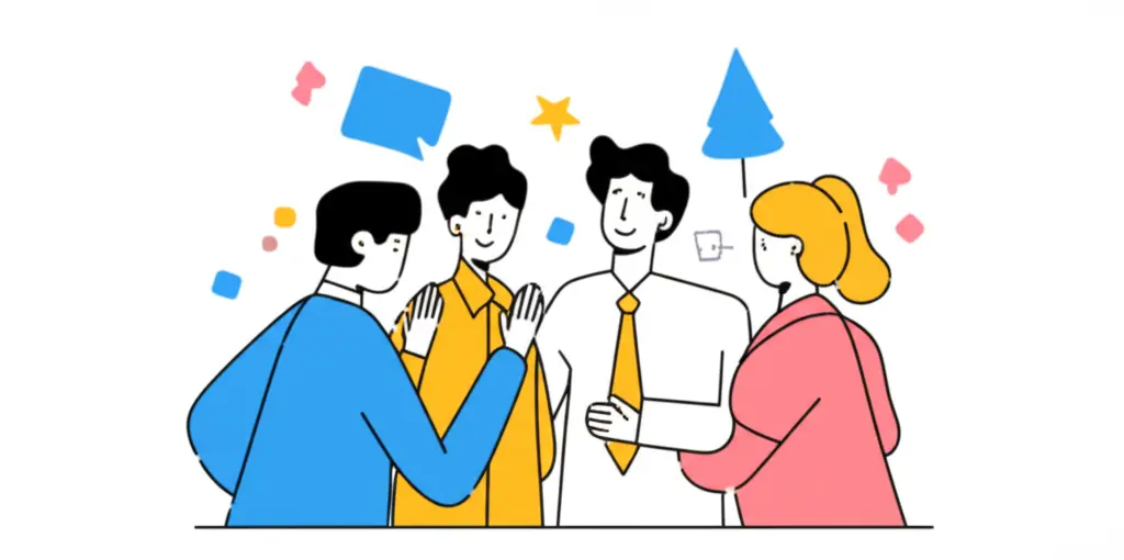 Group of coworkers offering congratulations during a farewell party
