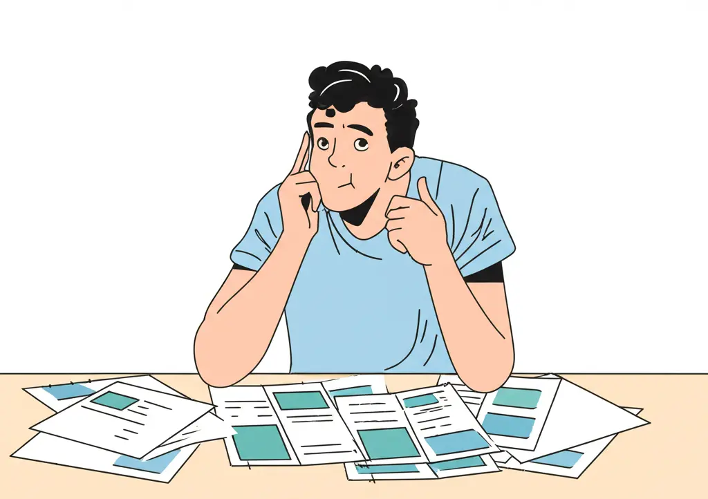 Person thinking while looking at financial brochures