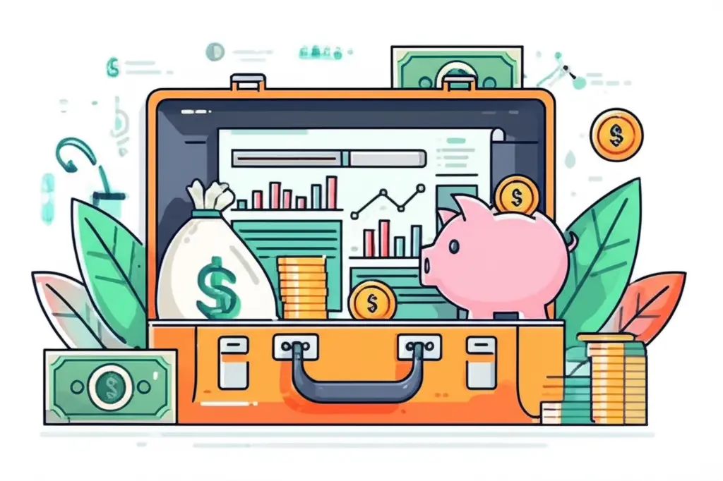 A cartoon suitcase filled with save money icons, like piggy banks and investing charts