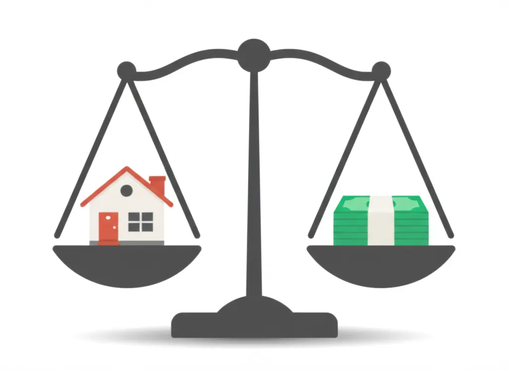Balanced scale with a house on one side and a stack of money on the other