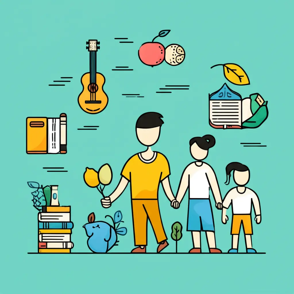 Hand-drawn image of someone achieving a balanced lifestyle with elements of health, hobby, and family.