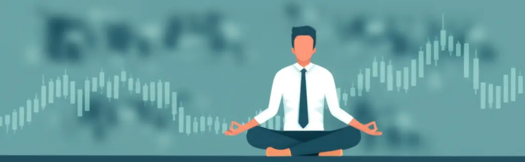 Calm investor meditating with stock market graphs