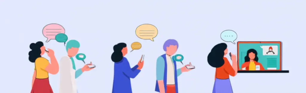Minimalist cartoon showing diverse forms of communication: talking, texting, video chat.