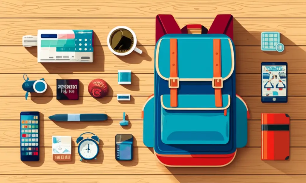 Illustration of a backpack with travel essentials.