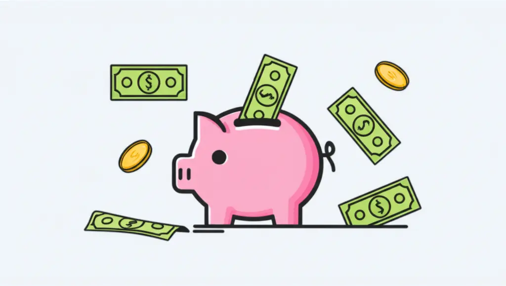 Piggy bank with cash and coins around it