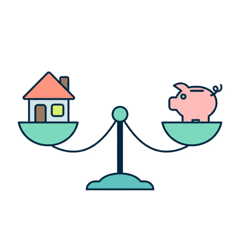 Scale illustration with house and piggy bank balancing