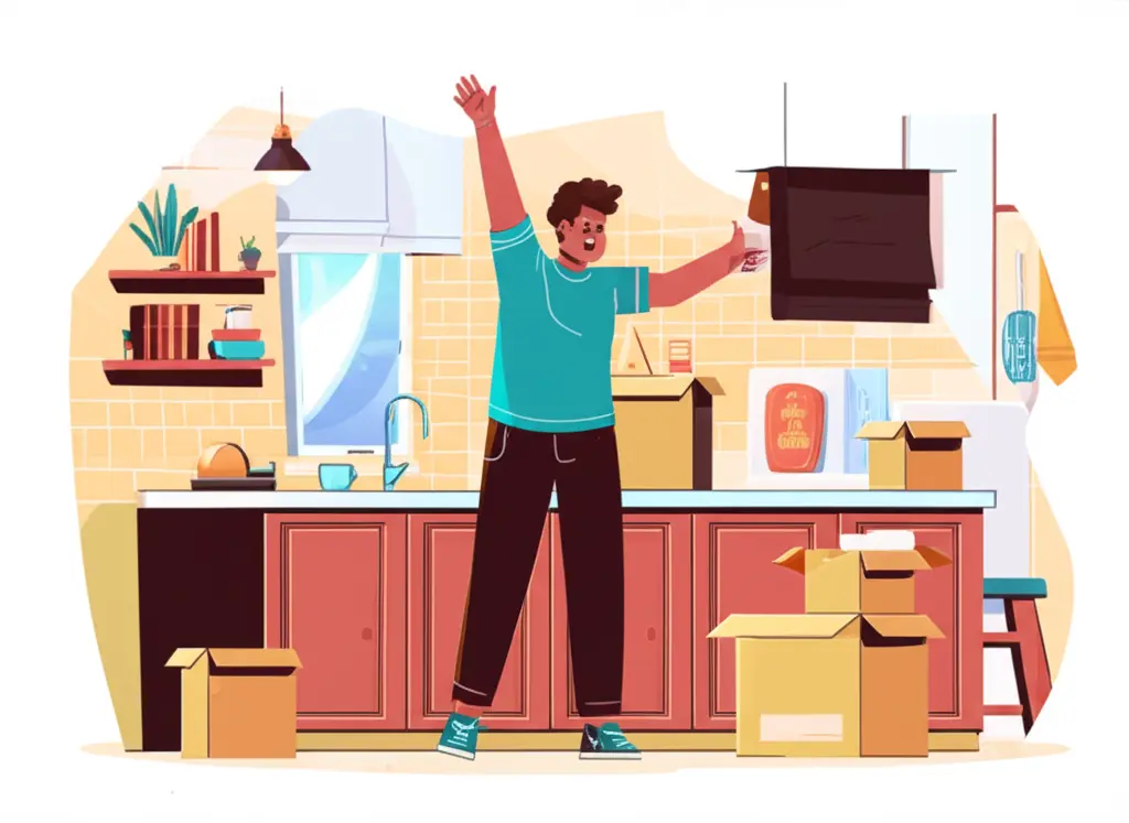 Cartoon-style image of a person unpacking boxes in a new house