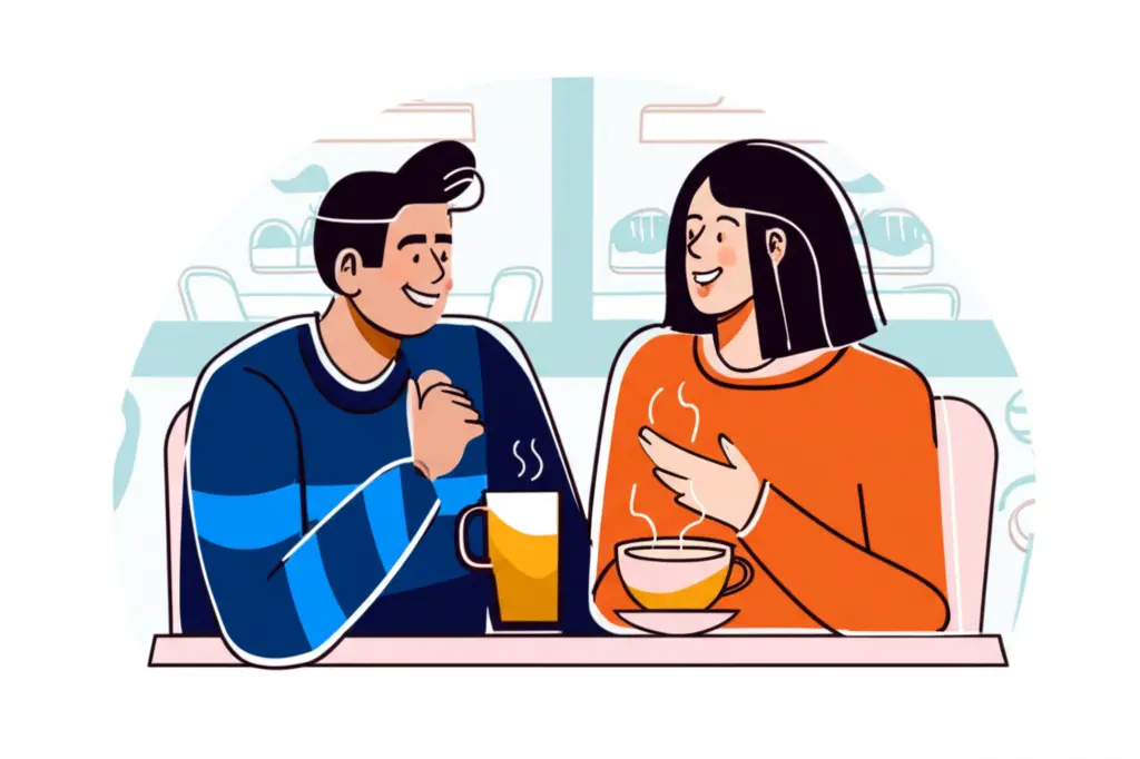 A minimalist drawing of two friends, mid-conversation, in a cafe setting, symbolizing support systems