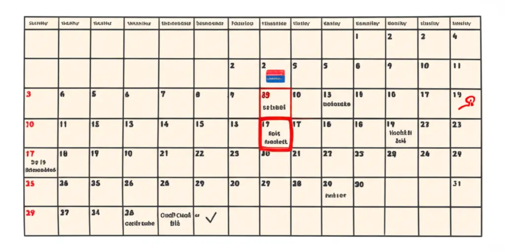 A tidy, hand-drawn calendar highlighting dates with credit card bill reminders.
