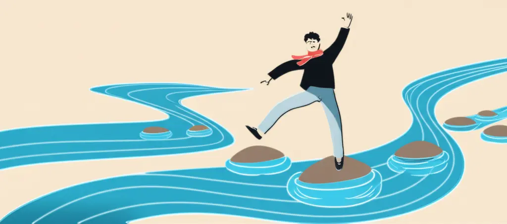 Person joyfully stepping on stones across a meandering river