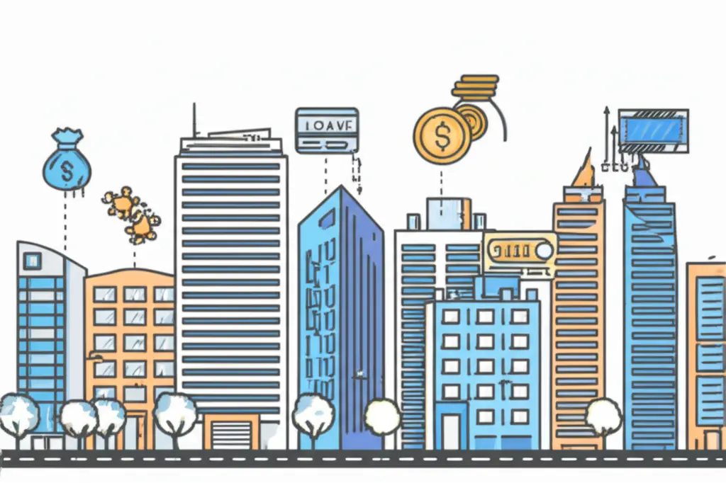 A minimalist cityscape with icons representing different financial services like loans and savings.