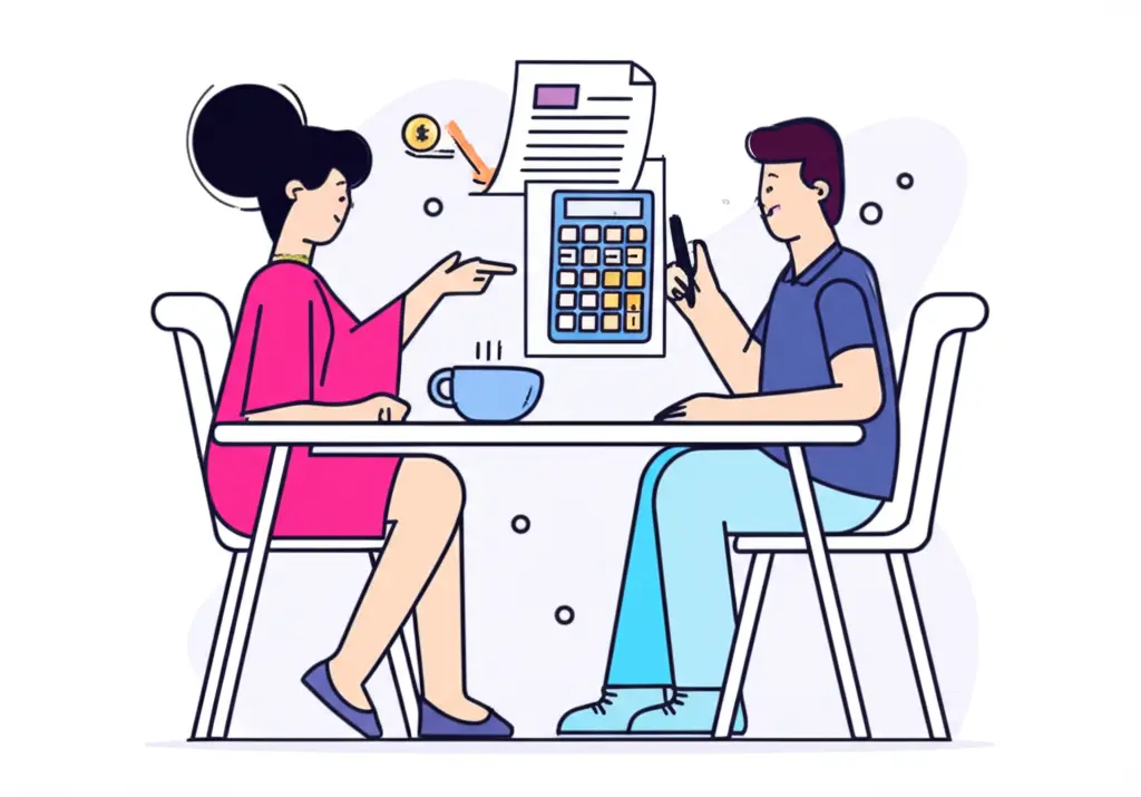 Two people discussing salary at a coffee table