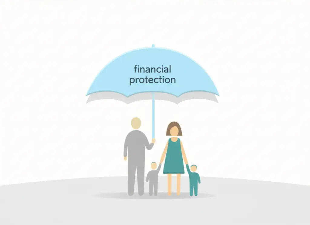 Illustration of a family under an umbrella that says 'financial protection'