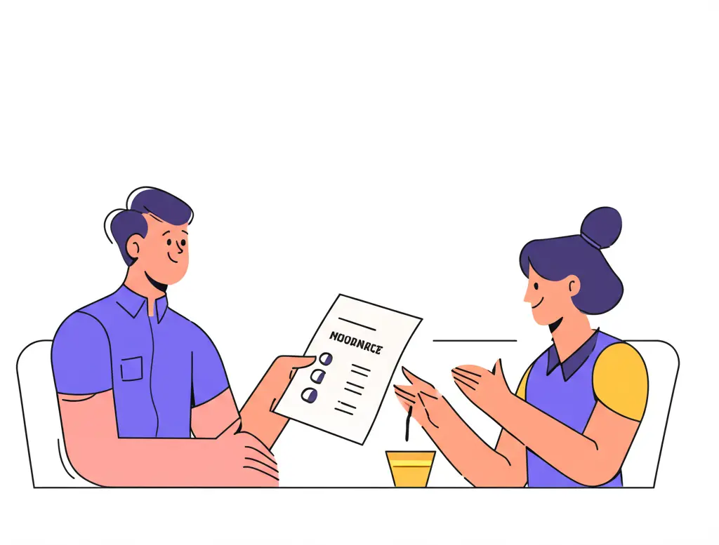 Two people discussing insurance claims at a cafe