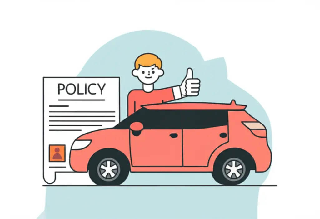 A hand-drawn visual of a happy customer giving a thumbs up with a car and policy document in the background.