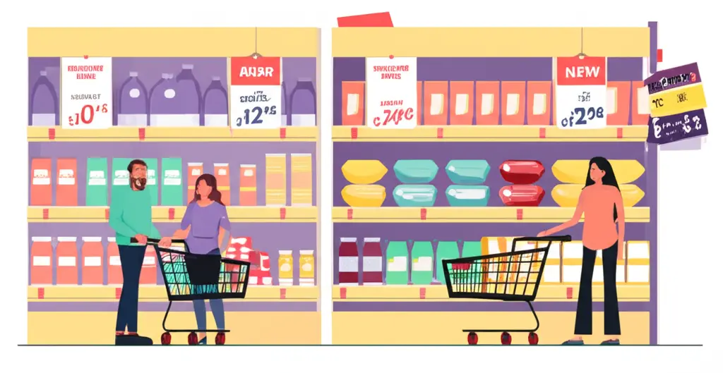 Cartoon-style image of shoppers in a store comparing old and new prices on a shelf.