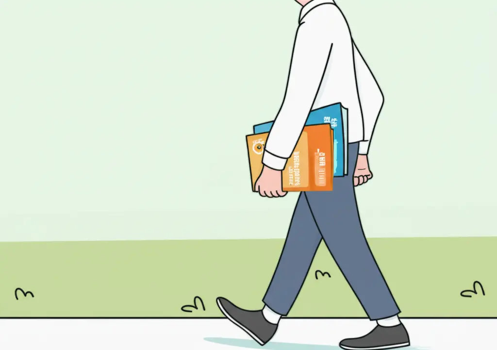 Person walking with consulting books and banking reports