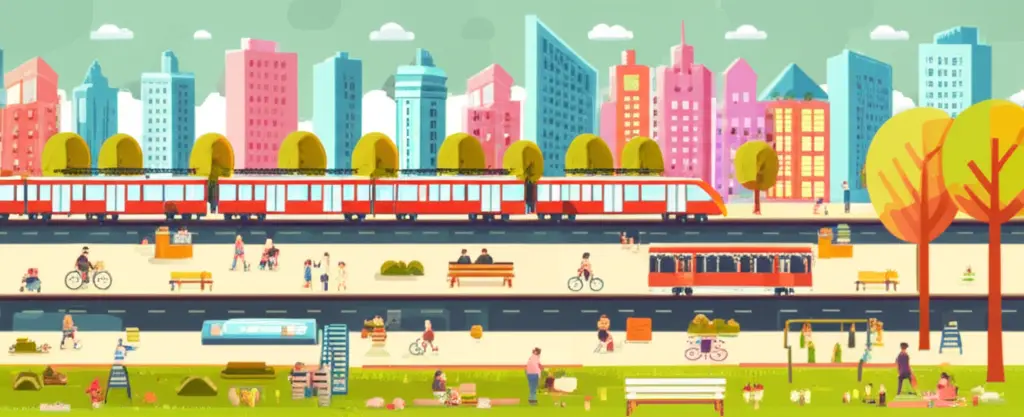 A vibrant cityscape with public transport, walking paths, and people enjoying cost-effective activities.