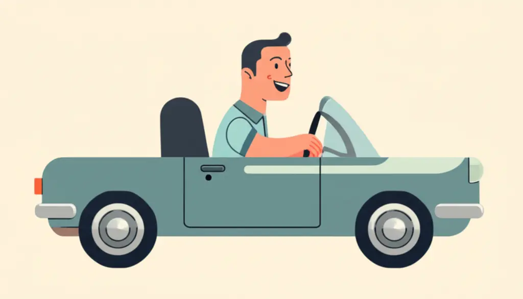 Person driving an old car with character