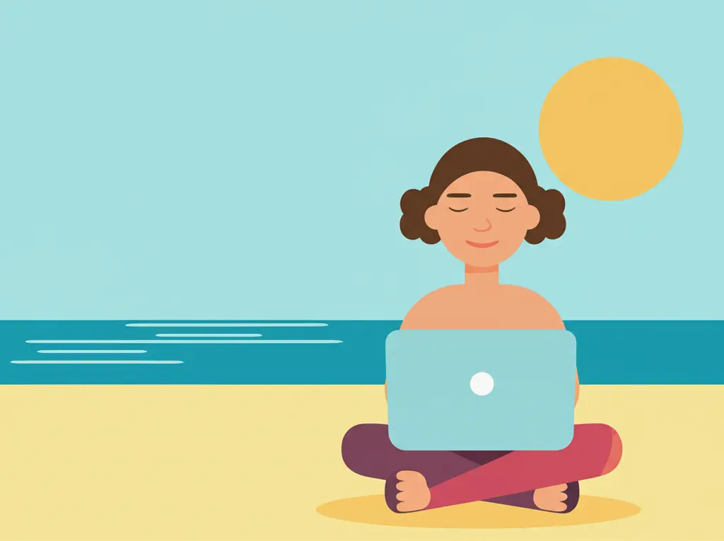 Person on beach with laptop and calm expression