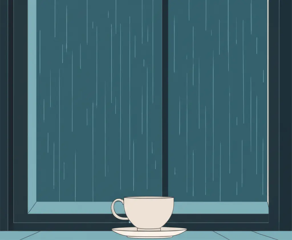Teacup on windowsill during rainstorm