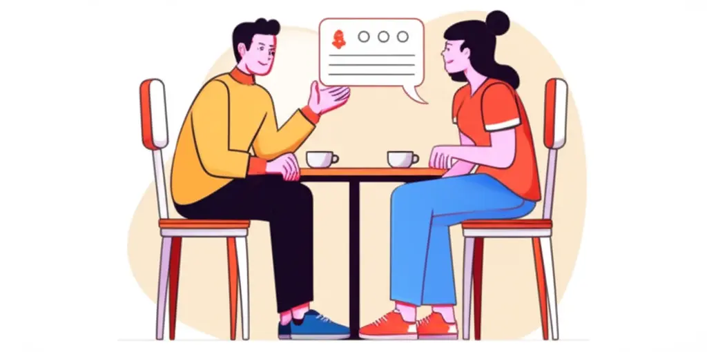 Illustration of two characters discussing financial goals over coffee at a café.
