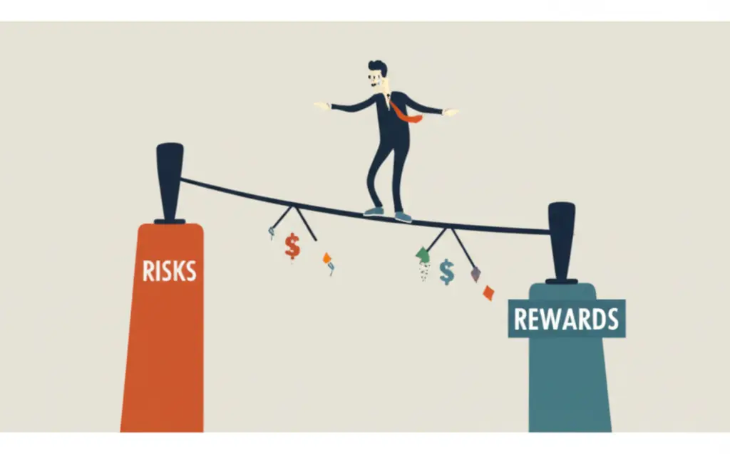 Tightrope walker balancing investment risks and rewards