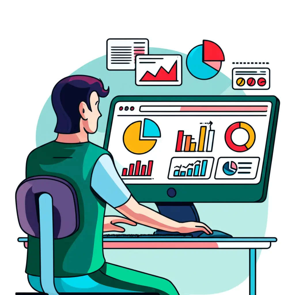 Hand-drawn image of a person sitting at a desk researching investments online.