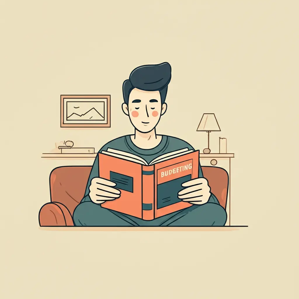 Person reading a book on budgeting in a cozy home.