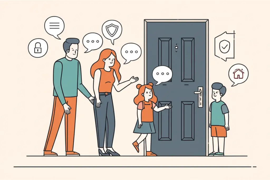 A family locking their front door with safety symbols around them