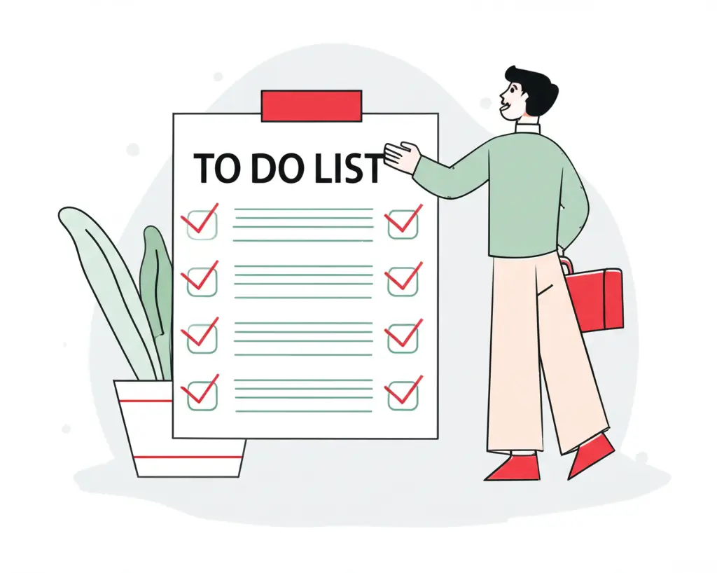 A minimalist image of a person happily checking off a to-do list, symbolizing preparation and success
