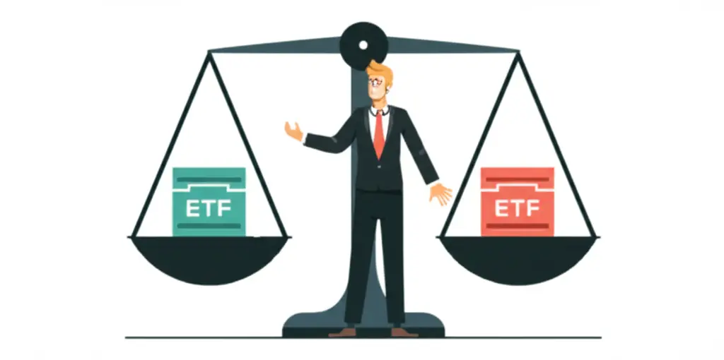 Cartoon of an investor weighing two ETFs on a balance scale