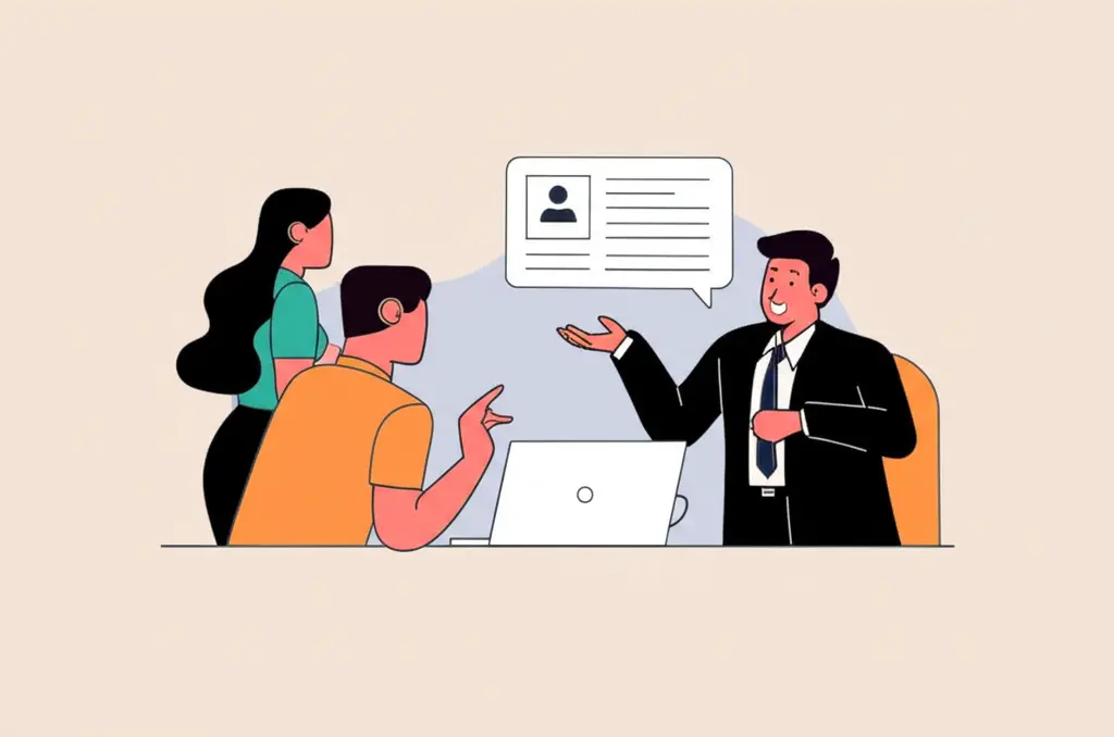 An insurance agent explaining a policy to a couple with a laptop