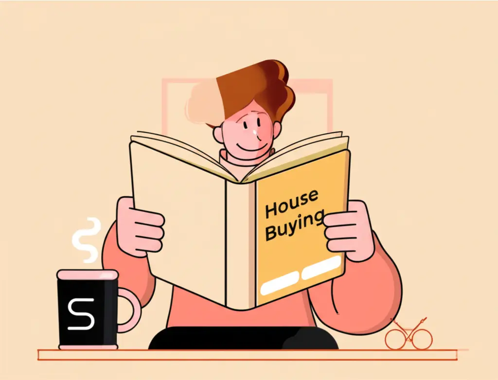 Person reading a house-buying book with coffee in hand for a relaxed approach.