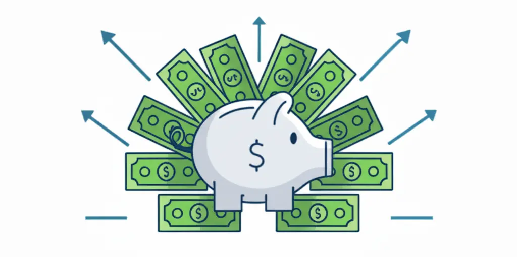 Modern illustration of a piggy bank surrounded by dollar bills and dividend arrows.