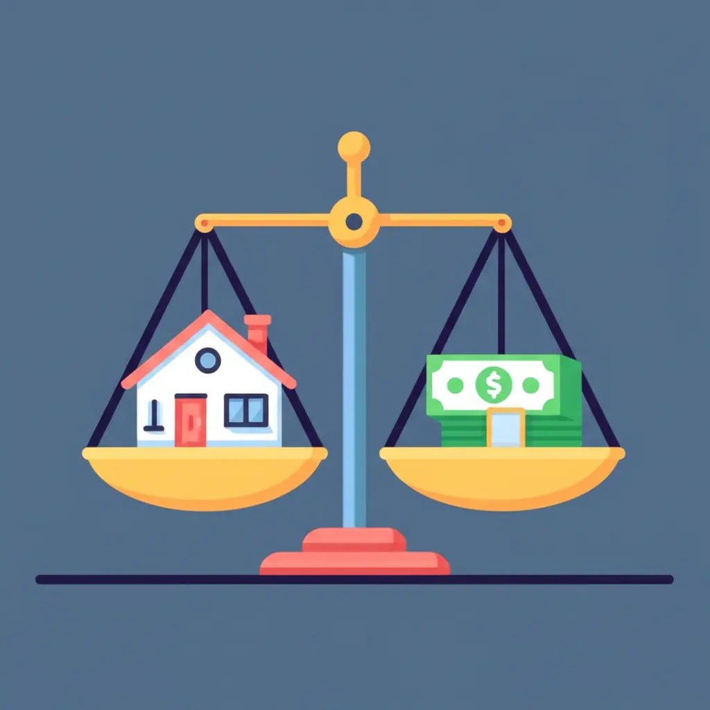 Cartoon-style scales of justice with house and money on either side, representing legal aspects of real estate transactions.