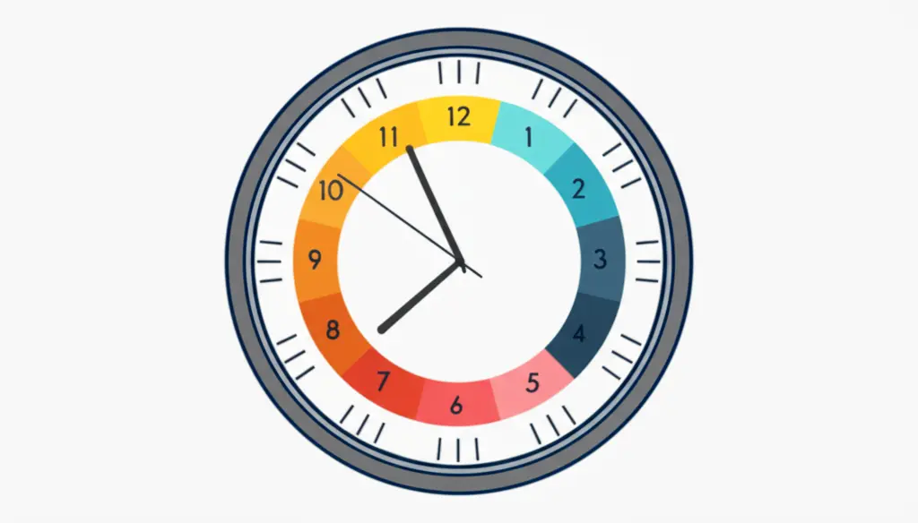 A cartoon-style clock with different periods of the day color-coded