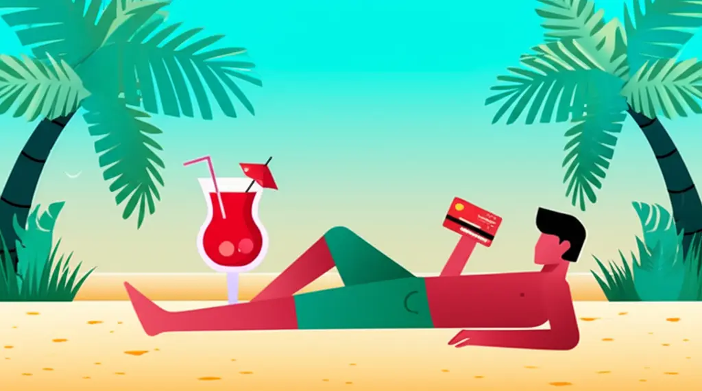 Person relaxing on a beach holding a credit card with a tiki drink and palm trees.